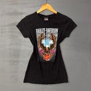 Vintage Harley Davidson Women's Heart Y2K Glam Baby Tee Shirt Black Medium